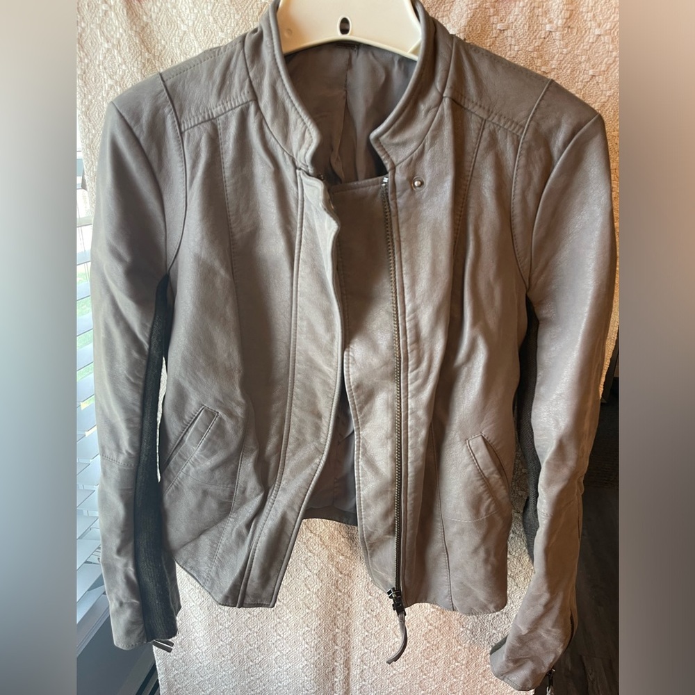 Free People Gray Taupe Leather Moto Jacket